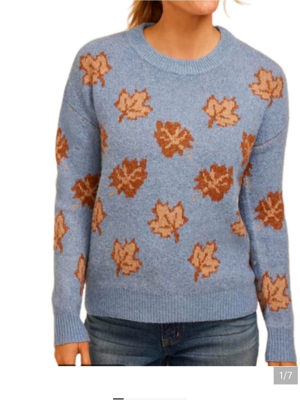 Maurices Blue Crewneck Sweater Fall with Brown Leaf Motif